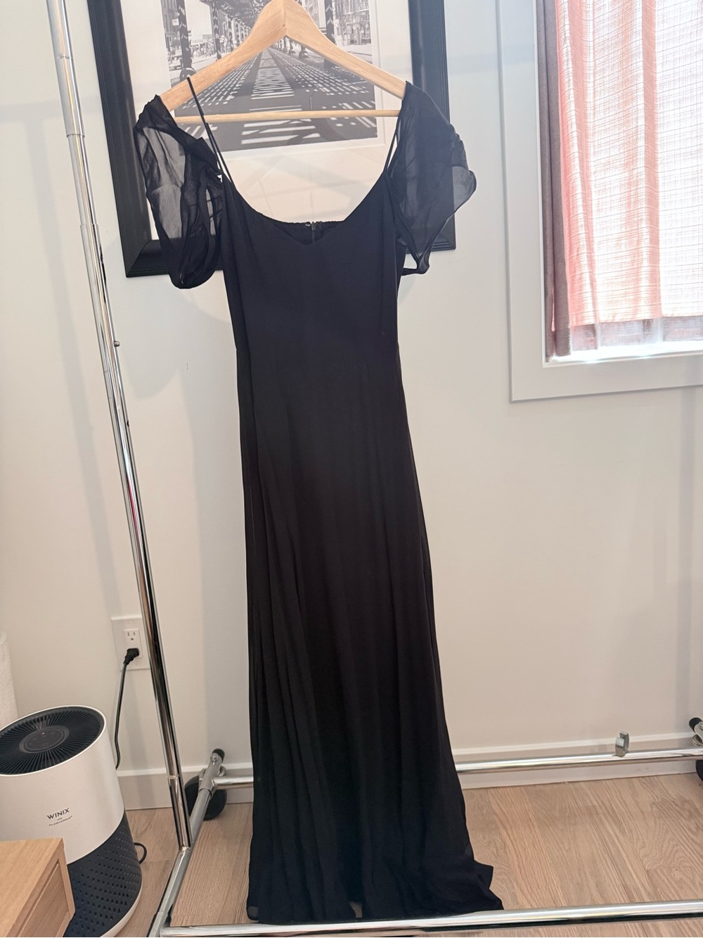 Reformation Black Sheer Puff-Sleeve Maxi Dress